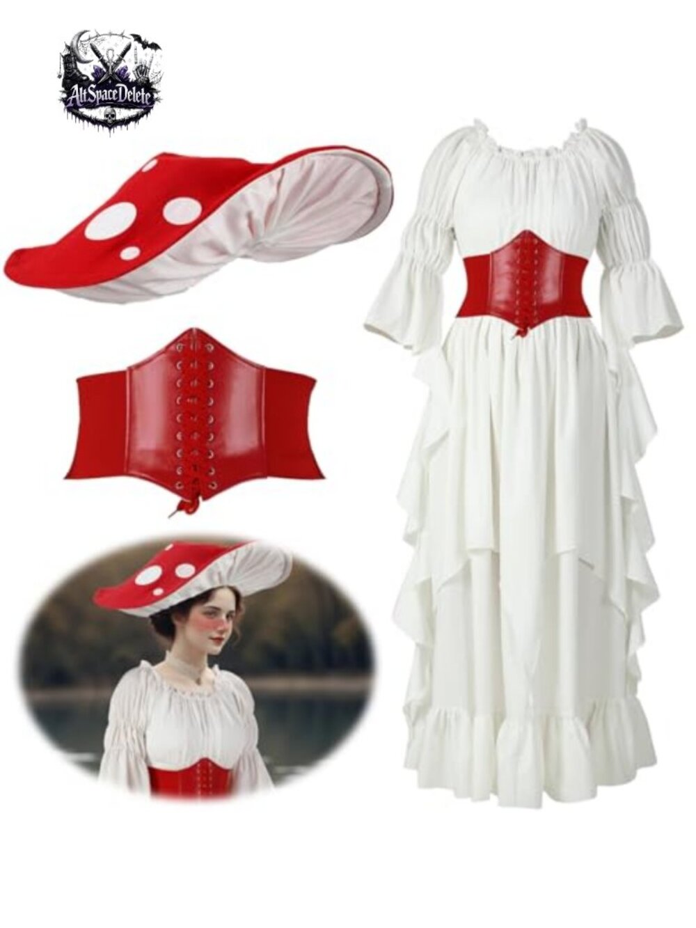 Renaissance Mushroom Costume Set 3 Piece Medieval Dress Hat Belt